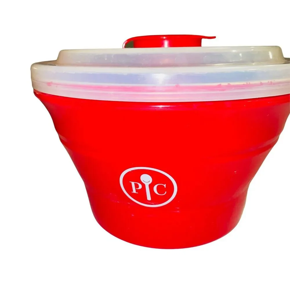 Pampered Chef Microwave Popcorn Maker Bowl Red Silicone Collapsible Lid #1457
